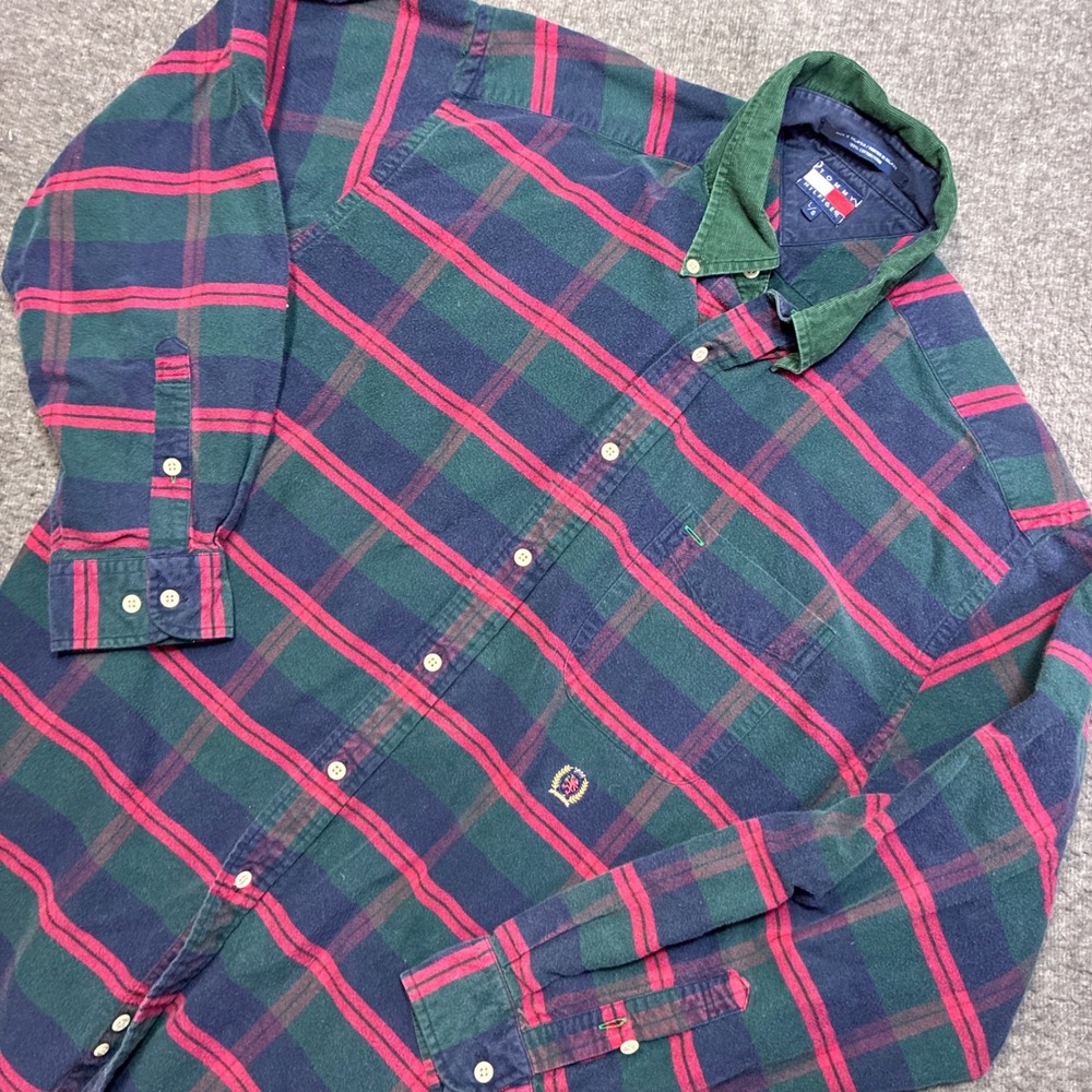 Vintage Tommy Hilfiger Flannel Shirt Mens Large Green Red Plaid Corduroy Collar